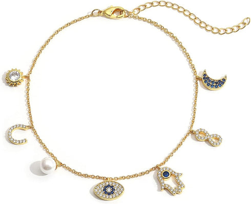 SLOONG Evil Eye Bracelet Anklet Hamsa Hand Bracelet 14K Gold Plated Dainty Bracelet Anklet White Blue Cz Pendant Bracelet Anklet for Women, Adjust...