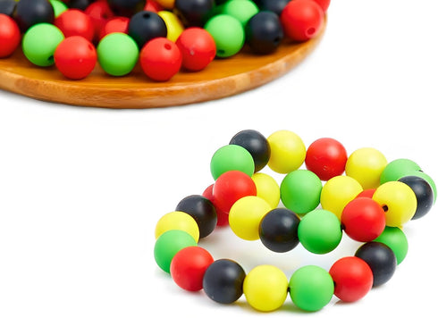 120 Pcs Silicone Rubber Beads Mixed Colors: 120 Beads + 5m Elastic Rope 12mm for Keychain, Bracelets, Necklaces. Green, Yellow, Red, Black. Reggae...