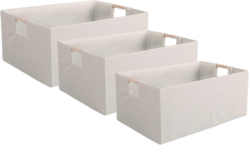 Fabric Storage Bin Box Foldable Cotton Linen Storage Basket with Wooden Handles Rectangular Cube Decorative Home Laundry Organizer Clothes Blanket...