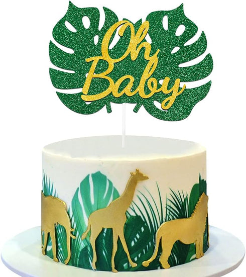 MATTTIME Tropical Baby Cake Topper Jungle Safari Baby Shower Decoration Monstera Leaf Green Gold Glitter Boy Girl Gender Reveal Supplies...
