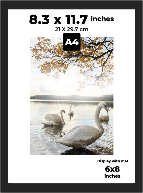 A4 Frame Black - Display 6x8 Picture Frame With Mat or 8.27x11.69 Inch Without Mat Poster Frame, Certificate Document Frame, for Wall Art...