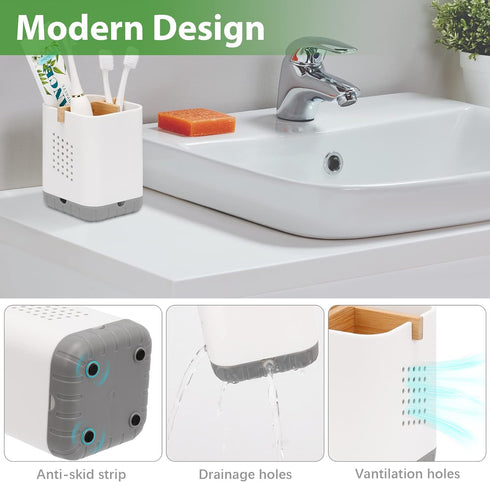 Boperzi Toothbrush and Toothpaste Holder with Bamboo Divider for Bathroom Countertop Organizer, Plastic Detachable Anti-Slip Large Electric Toothb...