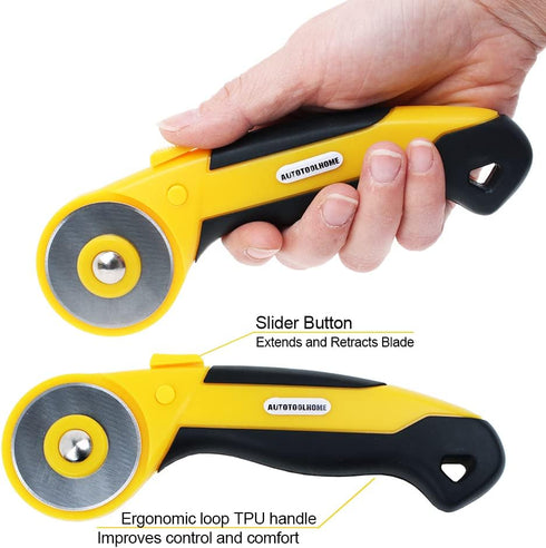 AUTOTOOLHOME 45mm Rotary Cutter with 9pcs Extra Blades Automatic Fabric Roller Cutter Perforator Crochet Edge Pinking Rotary Blades for Quilting, ...