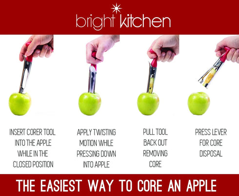 Apple Corer + Pineapple Tool + Herb Kale Stripper- Lever Tool by BRIGHT KITCHEN Stainless Steel Pear Fruit Seed Remover Cherry Red Grip with Serra...