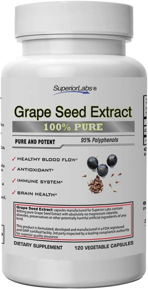 Superior Labs - Grape Seed Extract - 95% Polyphenols - 400mg, 120 Vegetable Capsules - Cardiovascular Health - High Antioxidant Content - Healthy ...