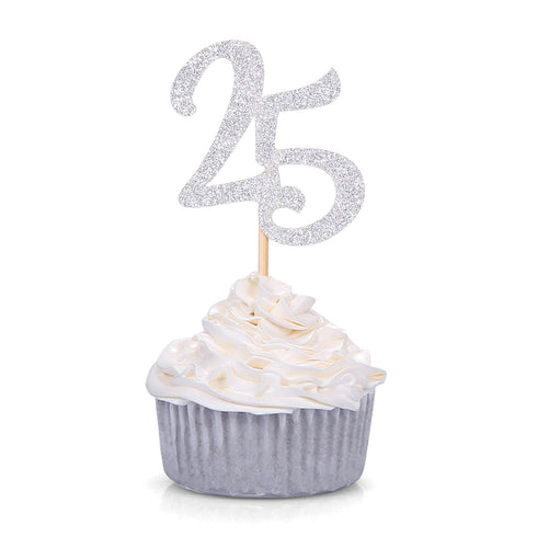 24 CT Silver Number 25 Cupcake Toppers 25th Birthday Anniversary Celebrating Party Decors...