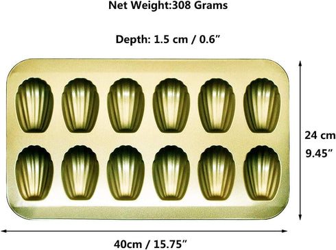 Nonstick Madeleine Pan 12-cup Heavy Duty Shell Shape Baking Cake Mold Tray (Golden)...