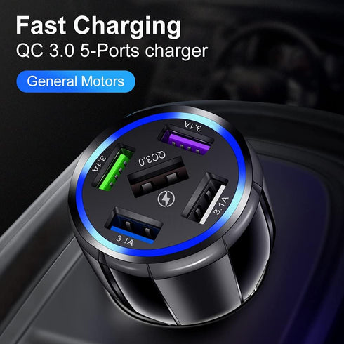 Car Charger Adapter, 5 Port QC3.0 Fast Charging Car Cigarette Lighter USB Charger, Compatible with iPhone, Android, Samsung, iPad Pro, and More (B...