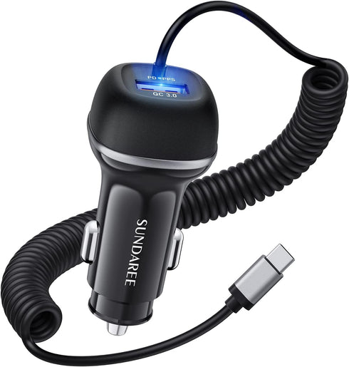 SUNDAREE USB C Car Charger, 51W Fast Car Charger Adapter+5ft Type C Cable for Samsung Galaxy S23 S22 S21 S20 S10 Note 20 A10E A20 A50 A51 A01 A71 ...
