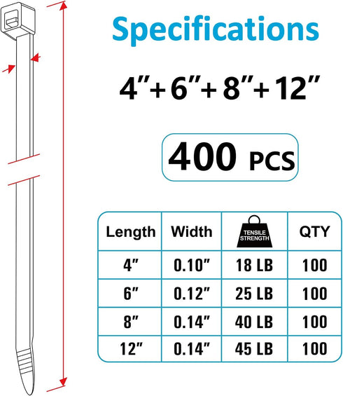 Zip Ties Assorted Sizes(4”+6”+8”+12”), 400 Pack, Black Cable Ties, UV Resistant Wire Ties by ANOSON...