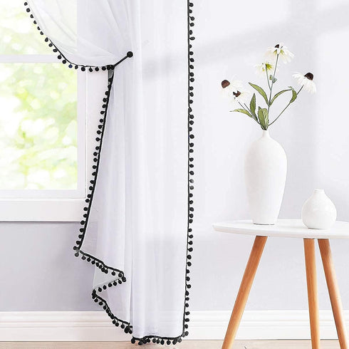 Treatmentex White Sheer Curtains Black Pompoms 63" inches Long Window Draperies for Boy's Room Bed Canopy 2 Panels Rod Pocket...