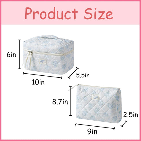 2 Pcs Large Quilted Makeup Bag, Cotton Quilted Toiletry Bag for Women,Floral Coquette Makeup Bag,Cute Kawaii Travel Cosmetic Bags(01BlueRose)...
