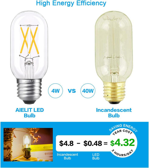 40 Watt Equivalent LED Bulb, E26 Base, Energy Efficient 4W, Soft Warm White 3000K Dimmable 400lm Tubular T14 T45 Edison LED Light Bulbs for Pendan...