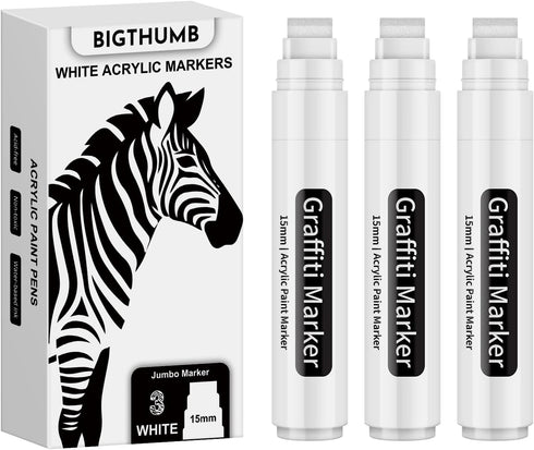 Thick White Jumbo Poster Markers: 3 Pcs 15mm Wide Tip Large Acrylic Paint Pens Big Permanent Graffiti Markers Calligraphy Marker for Rock Painting...