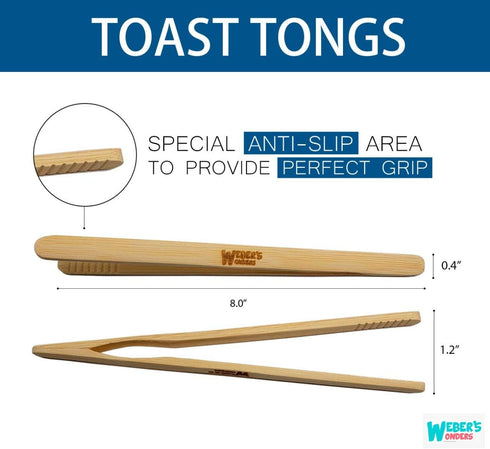 Weber's Wonders Set Of 2 Reusable Bamboo Toast Tongs - Wooden Toaster Tongs For Cooking & Holding - 8 Inch Long - Ideal Kitchen Utensil For Cheese...