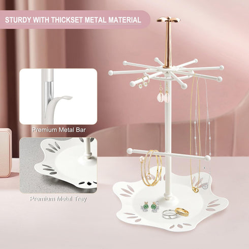 Jewelry Holder Organizer, Jewelry Display Stand with Metal Round Ring Tray, Necklace Earring Bracelet Tower Display Rack Hanging Storage Tree (IVO...