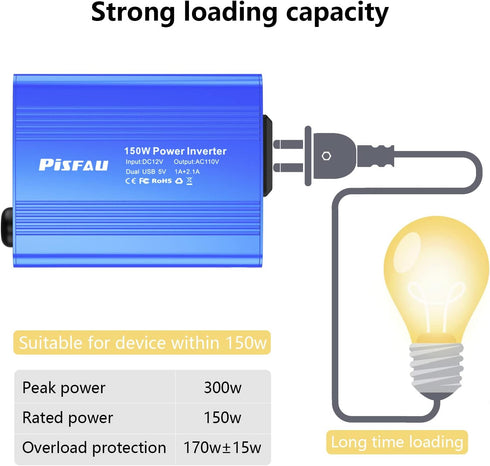 150W Car Power Inverter DC 12V to 110V AC Converter with 3.1A Dual USB Power inverters for Vehicles,Road Trip Essentials Camping Accessories Blue...