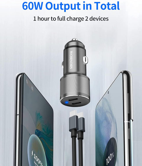 Dual USB C Car Charger, 60W PD (30W + 30W) Super Fast Charging Adapter Metal for iPhone 16/15 Pro Max, Samsung Galaxy S25 Ultra/S25 Plus/S25/S24/S...