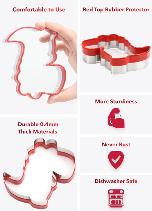 Dinosaur Cookie Cutter 5“, Dinosaur Biscuit Cutter, Cookie Cutter for Baking, Cookie Cutter for Kids, Metal Cookie Cutter Coated with Red Top Rubb...