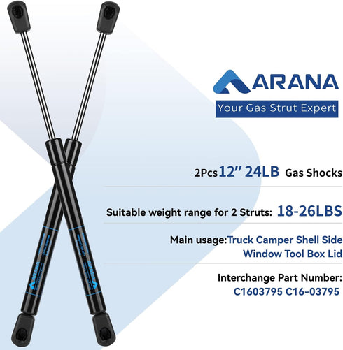 ARANA C16-03795 Gas Struts 12 inch, C16-09903 12 inch 24LB/107N Gas Shock Spring Lift Supports for Leer are Camper Shell Topper Window Truck Canop...