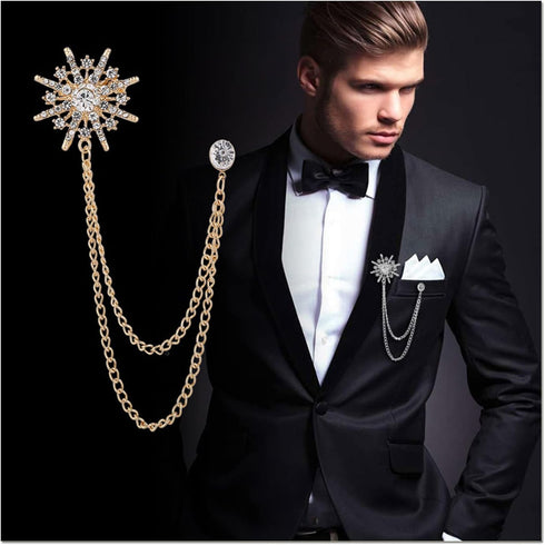 Snowflake Rhinestone Brooches, Hanging Chain Tassel Badge, Gold Silver Snowflake Long-chain Brooches Shirt Collar Lapel Pin for Men Women Suit Acc...