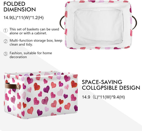 senya Valentines Storage Basket, Large Foldable Storage Basket with Handles, Pink Love Hearts Fabric Collapsible Storage Bins Organizer Bag for Ba...