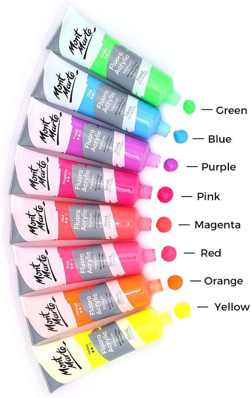 Mont Marte Fluoro Acrylic Paint Set, 8 x 1.02oz (36ml) Tubes, 8 Colors, Suitable for Most Surfaces Including Canvas, Card, Paper and Wood...