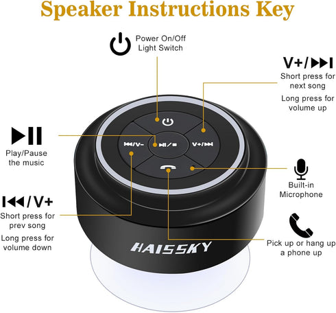 Bluetooth Waterproof Shower Speaker, Portable Wireless Speaker with Suction Cup Small Speaker with Colorful Lights, Teen Gift Ideas, for Shower, B...