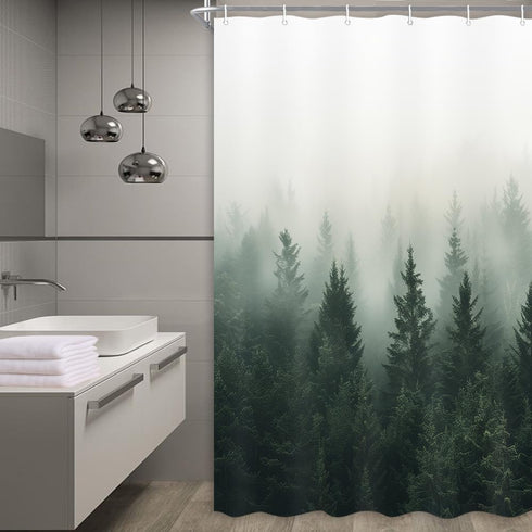 Green Misty Forest Shower Curtain Nature Shower Curtain Set Pine Tree Jungle Mountain Plant Rustic Scenery Landscape Shower Curtains for Bathroom ...