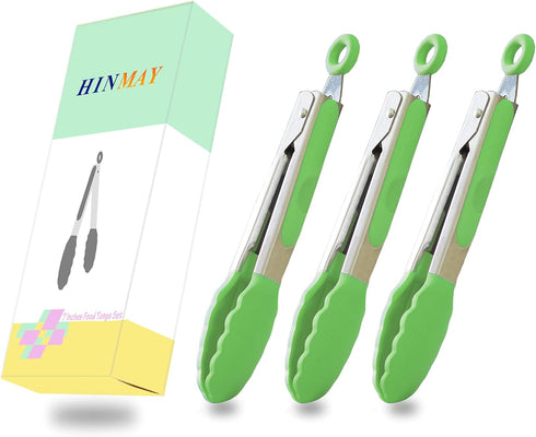 Mini Tongs with Silicone Tips 7 Inches Silicone Cooking Tongs, Set of 3 (Green)...