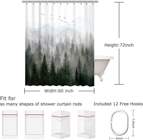 RosieLily Mountain Shower Curtain Misty Forest Tree Foggy Shower Curtain for Bathroom with Hooks Cool Nature Scenery Landscape Bathtub Decor 60 in...