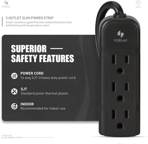 Power Strip 3 Prong Outlet - Slim Black 3 Grounded Outlets Heavy Duty Extension Power Cord Power Strip No Surge Protector with Wall Mount Hole Ide...
