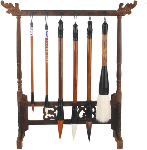 NWFashion Wood Carving Calligraphy Sumi Brush Hanger Calligraphy Rosewood Stand Shelf 12pins Chinese Brush Holder … (6 Brush+Holder)...