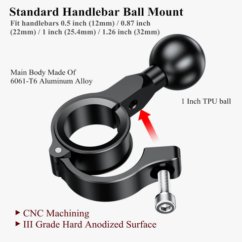 BRCOVAN Handlebar Mount with 1'' TPU Ball Compatible with RAM Mounts B Size Double Socket Arm Fit Rails Diameter 0.5'' 0.87'' 1'' 1.26'' Aluminum ...