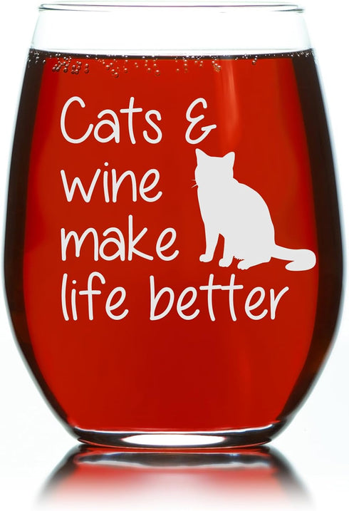 Cats and Wine Make Life Better Stemless Wine Glass - 17 oz - Funny Cat Lover Themed Gift for Men and Women...