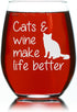 Cats and Wine Make Life Better Stemless Wine Glass - 17 oz - Funny Cat Lover Themed Gift for Men and Women...