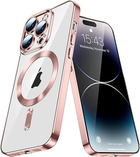 Magnetic Case for iPhone 15 Pro Max Phone. TPU Shockproof Electroplated Bumper, Camera Lens Protector, Waterproof Transparent Case., Rose Gold...