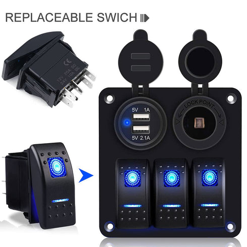 Waterproof Marine Boat Rocker Switch Toggle 12V 24V, 5 Pin SPST ON-Off Switch 12V/20A 24V/10A Blue LED Light, with Jumper Wires Set for Car Marine...