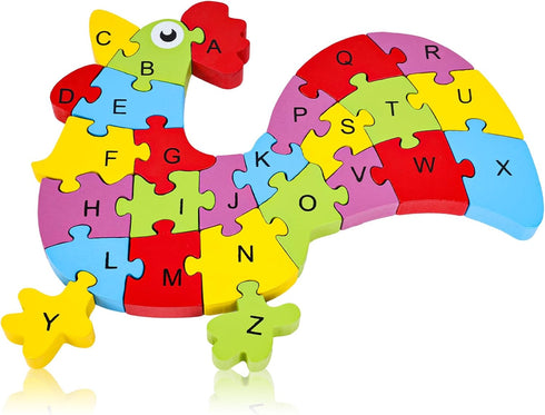 LovesTown Rooster Wooden Puzzle, 26PCS Jigsaw Puzzle Alphabet and Number Puzzles Wooden Building Blocks for Kid Toddlers Preschool...