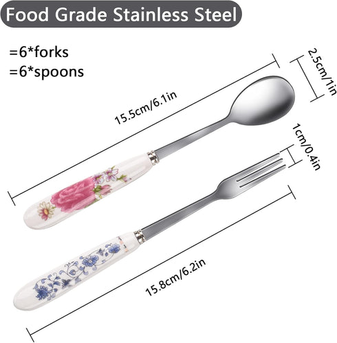 12 Pieces Forks and Spoons with Ceramics Handle, Stainless Steel Utensils Dessert Spoons and Forks Set for 6, Cutlery Set with Flower Pattern, Fla...