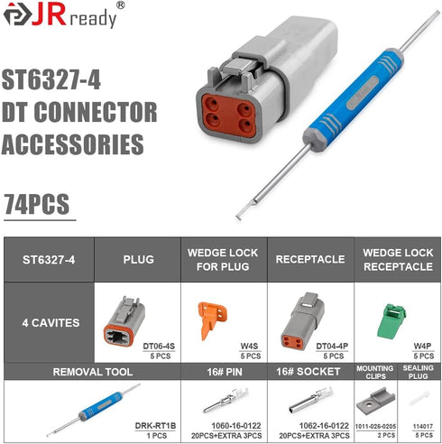 JRready ST6327-4 Deutsch 4 Pin DT Connector Kit, Gray Waterproof DT Connector 4 Pin(5 Pairs), Size 16 Stamped Contacts for Truck, Motorcycle, Off-...