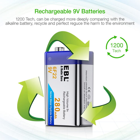 EBL 9V Rechargeable Batteries NiMH Everyday 280mAh 9V Battery for Smoke Alarm Detector, 4-Packs...