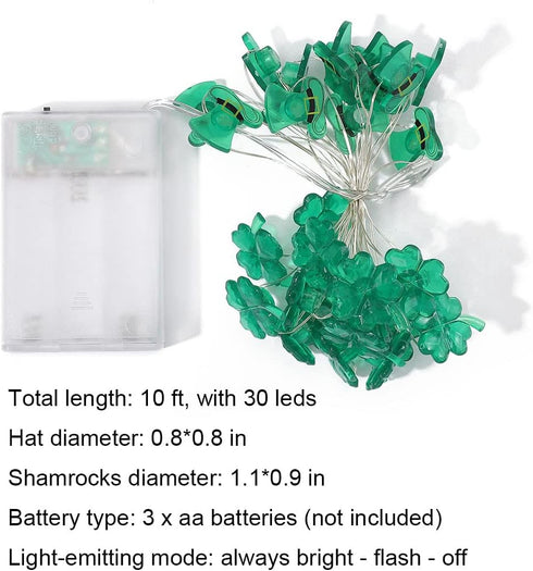St. Patrick's Day Decorative Lights Green Shamrocks Clover Hat LED String Light 10 Ft 30 Leds Lucky Clovers Lights (Shamrocks Hats)...