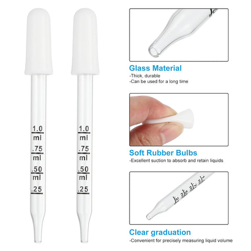 PATIKIL Eye Dropper, 5Pcs 1ml Glass Graduated Straight Tip Pipette Measured Dropper with Rubber Cap and Brush for Essential Oils, Lab Experiments,...