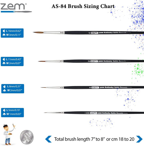 ZEM Brush Kolinsky Pure Sable Artist Brush Set Detail Sizes 10/0,0,2,4...