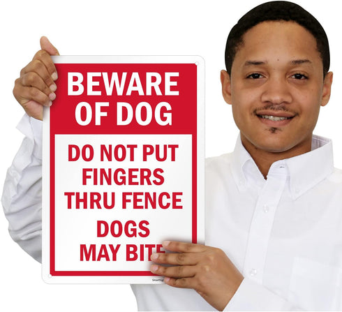 SmartSign 14 x 10 inch “Beware of Dog - Do Not Put Fingers Thru Fence, Dogs May Bite” Metal Sign, 40 mil Laminated Rustproof Aluminum, Red and Whi...