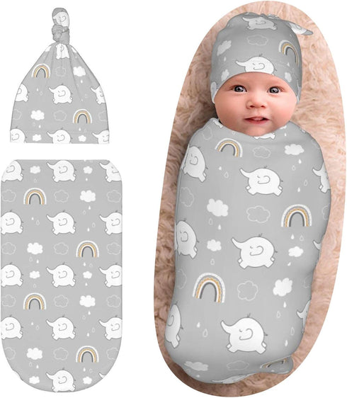 Elephant Grey Rainbow Baby Newborn Swaddling Blanket with Beanie Hat Set, Baby Stuff Newborn Receiving Blanket for Baby Boy Girl Swaddles Wrap for...