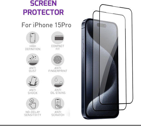 Screen Protector Tempered Glass Compatible with Apple iPhone 15 Pro (2 Pack)......