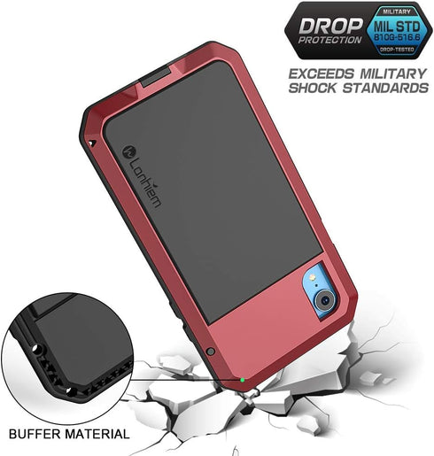 Lanhiem iPhone XR Metal Case, Heavy Duty Shockproof Case with Built-in Glass Screen Protector, Rugged Full Body Protective Cover for iPhone XR, Re...