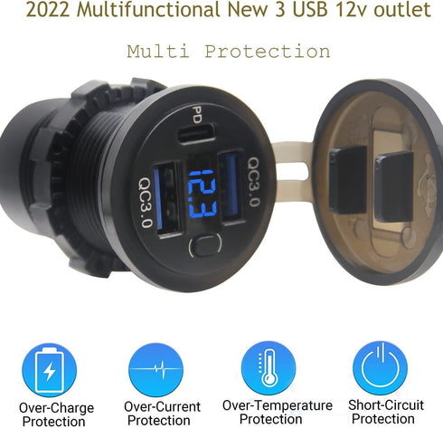 Dual USB Quick Charge 3.0 Port & PD USB C Car Charger Socket, 12V USB Outlet with Voltmeter and Power Switch for Car Boat Marine Truck......